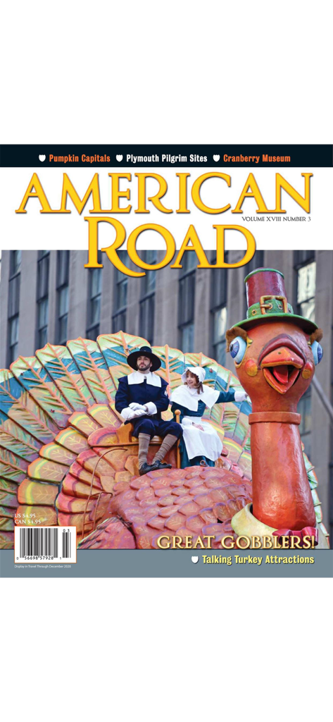 American Road Magazine - Cover of American Road Magazine featuring pilgrims on a giant turkey float and Thanksgiving themed travel articles.
