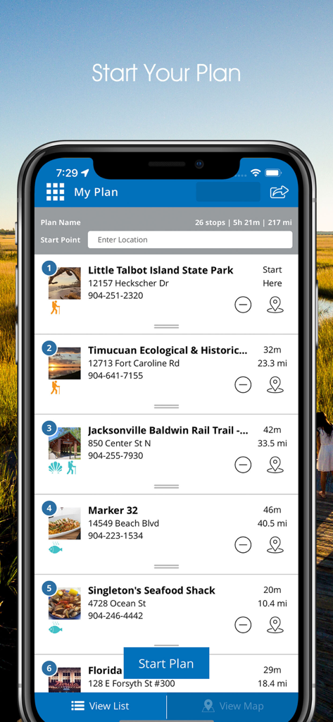 Visit JAX! - The Visit JAX app interface showing a customized travel itinerary with multiple stops including parks and restaurants in Jacksonville