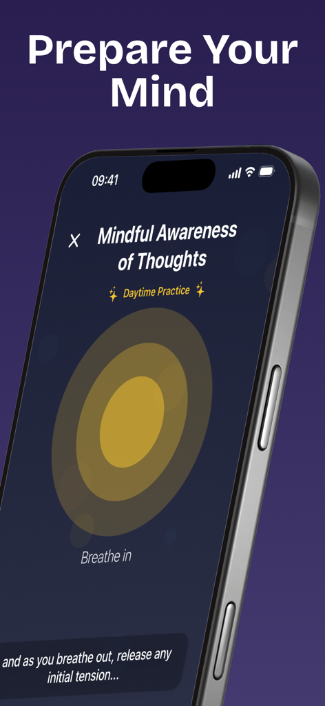 Mindful Slumber: Dream Yoga - Interface of Mindful Slumber app showing a mindful awareness of thoughts daytime practice with breathing instructions.