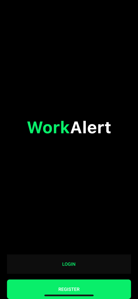 WorkAlert for Upwork - Tela de login e registro do aplicativo WorkAlert para Upwork mostrando texto verde e branco em fundo preto