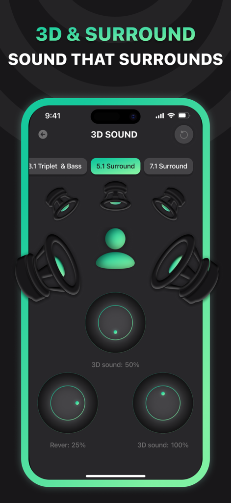 Music Equalizer: Bass Booster! - Pantalla de configuración de sonido 3D y envolvente de la aplicación Ecualizador de Música con visualización de la disposición de los altavoces
