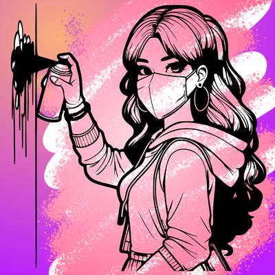 realistic girl with mask spray painting a wall