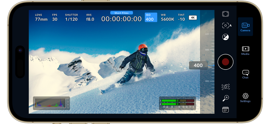 Blackmagic Camera app interface featuring manual cinematic controls while recording a snowboarder in 4K.