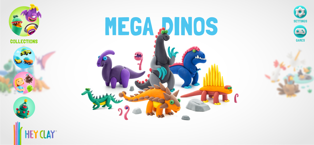 다양한 다채로운 점토 공룡 모델이 있는 Mega Dinos 컬렉션을 보여주는 Hey Clay 앱 화면