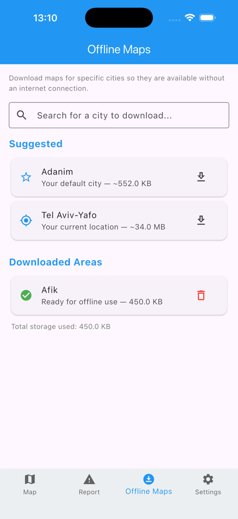 Interface showing offline map download options for cities in Israel within the Bomb Shelter Locator app