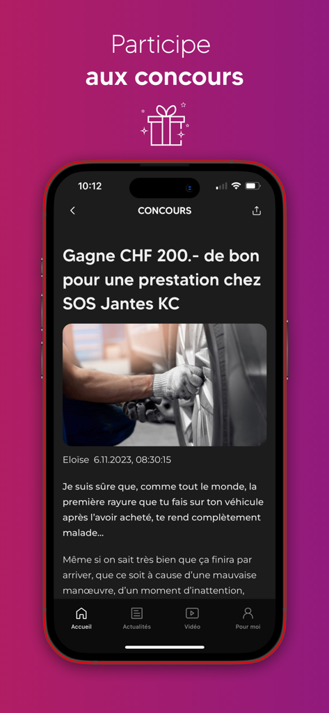 One FM - One FM radio app interface showing a contest page in French with a gift voucher offer for car services