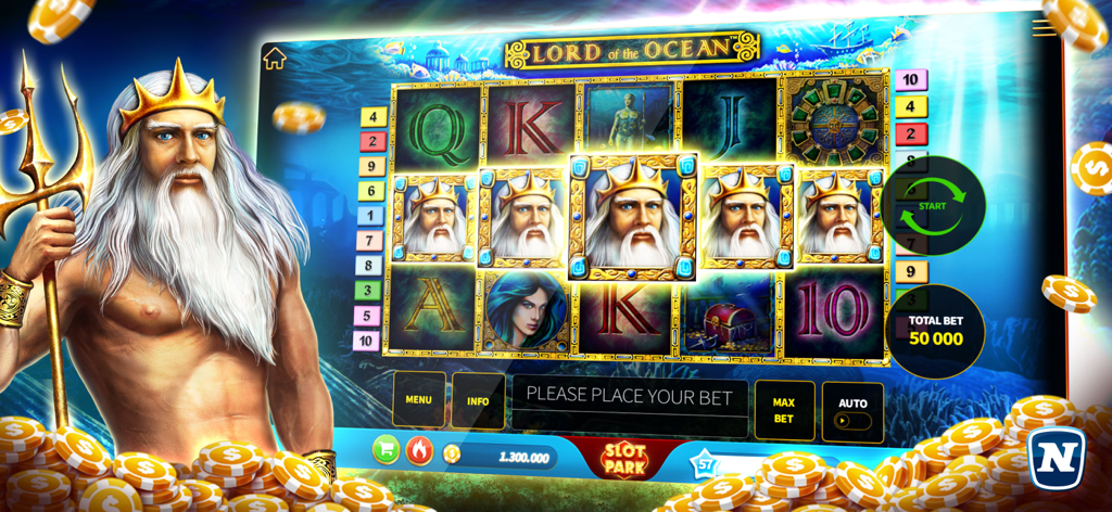 Gameplay des Lord of the Ocean Spielautomaten in der Slotpark Casino App mit Poseidon und Goldmünzen.