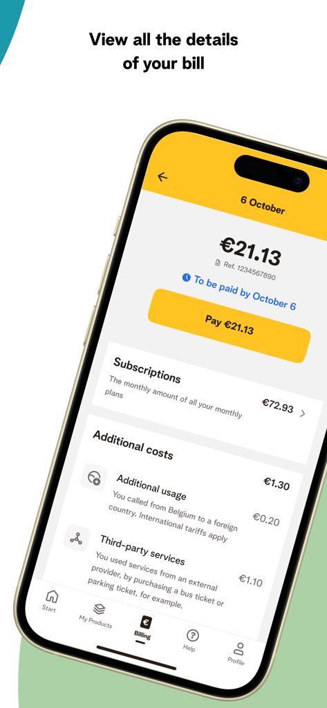 MyTelenet - MyTelenet app screenshot showing detailed bill information and payment button