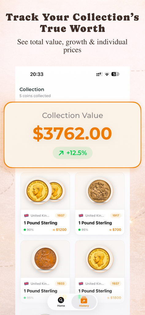 Coin Identifier: CoinScope - CoinScope-App, die ein Münzsammlungsportfolio mit einem Gesamtwert von dreitausendsiebenhundert Dollar und einzelnen Preisschätzungen für identifizierte Münzen zeigt.