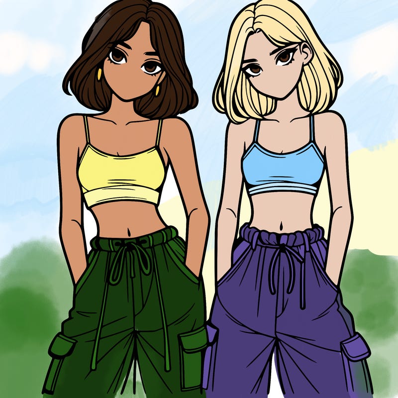 two girls with crop top with baggy pants
