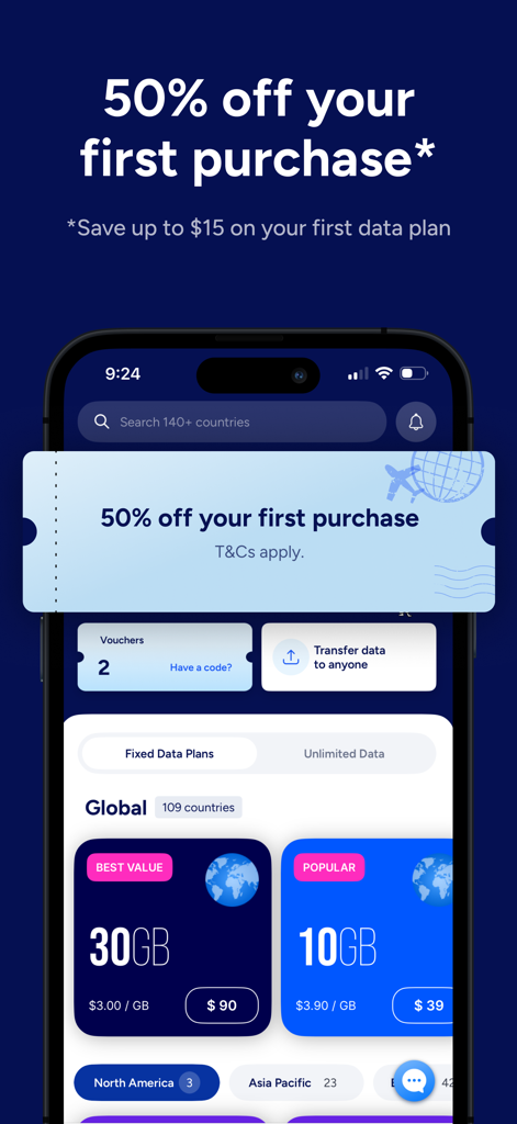 Aplicativo Eskimo eSIM exibindo uma oferta de desconto de 50% em planos de dados de viagem internacionais.