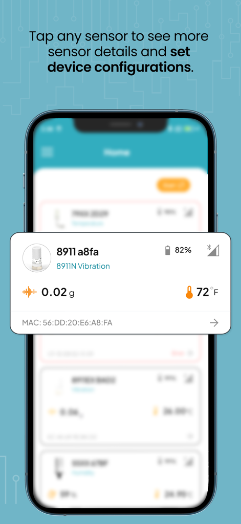 Mobile dashboard showing vibration and temperature readings for an industrial sensor