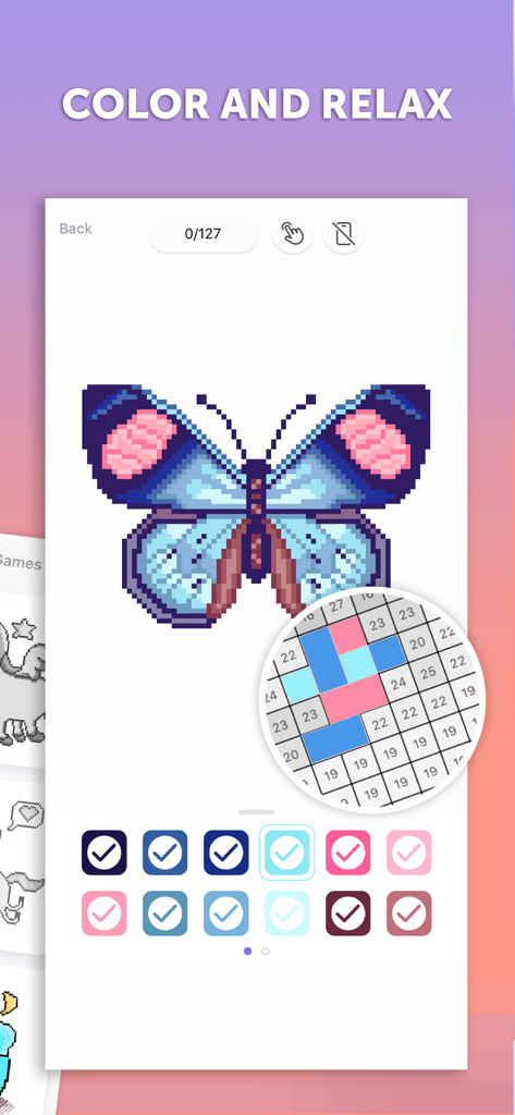 PixelArt by Picsart - A pixel art butterfly coloring project on a mobile app interface.