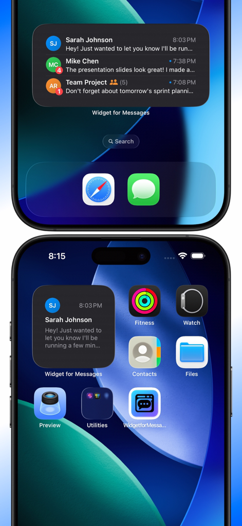 iPhone home screen showing small and medium widgets displaying recent text messages from Sarah Johnson and Mike Chen.