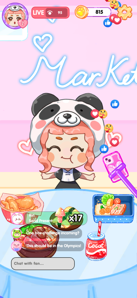 Cakeland: Mukbang ASMR - 귀여운 애니메이션 스타일의 소녀가 팬더 모자를 쓰고 먹방 라이브 방송 시뮬레이션에서 채팅과 이모티콘 반응과 함께 음식을 먹고 있는 모습