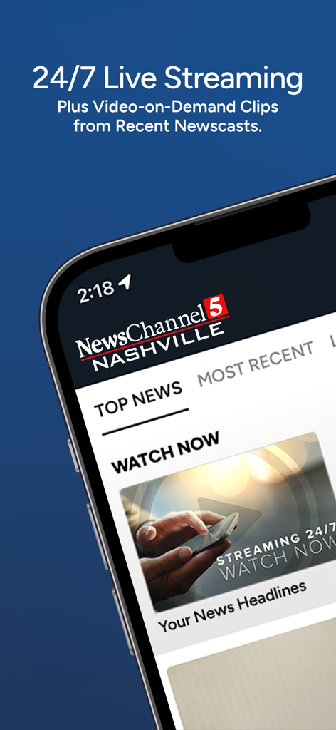 News Channel 5 Nashville app interface showing 24 7 live streaming and video on demand newscast clips