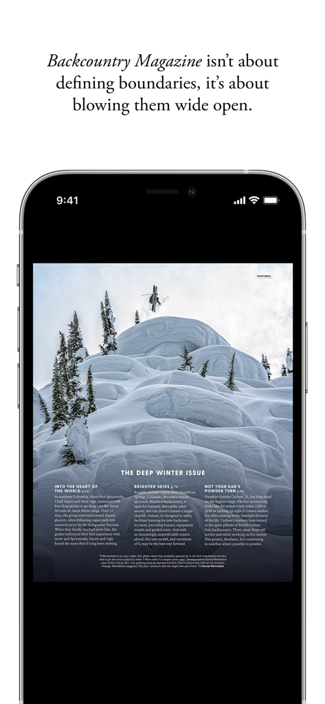 iPhone-Bildschirm zeigt einen Feature-Artikel des Backcountry Magazine mit einem Skifahrer in tiefem Schnee