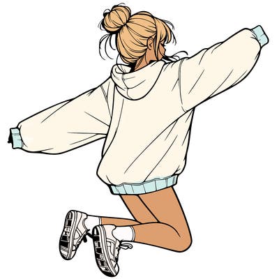realistic girl jumping with a bun and oversized sweatshirt