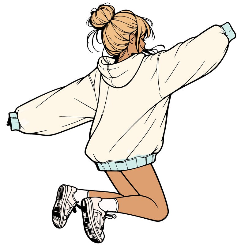 realistic girl jumping with a bun and oversized sweatshirt