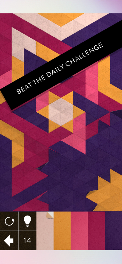 KAMI 2 - Un niveau de puzzle origami géométrique coloré dans KAMI 2 avec une bannière de défi quotidien et un compteur de coups.