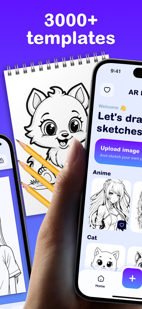 AR Drawing to Sketch & Paint - スマートフォンの画面に、猫の絵が描かれた物理的なスケッチブックの隣に描画テンプレートのライブラリが表示されている