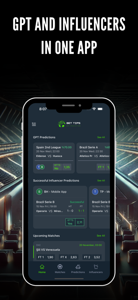 BetTips: Match Prediction - BetTips app home screen displaying GPT-powered football match predictions and influencer betting tips