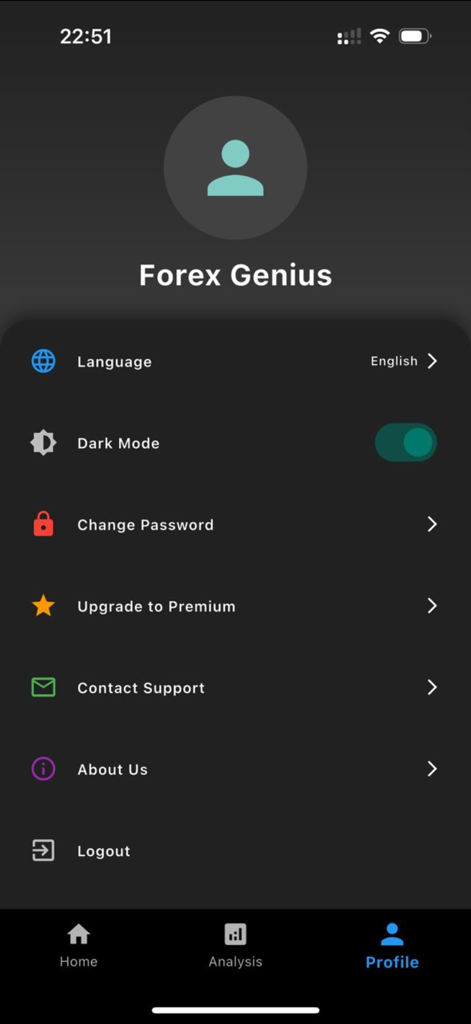 Forex Genius mobile app profile screen showing account settings and premium upgrade option