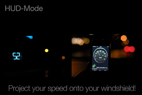 SpeedoCheck HUD - Aplicativo SpeedoCheck HUD projetando a velocidade digital do veículo em um para-brisa de carro à noite