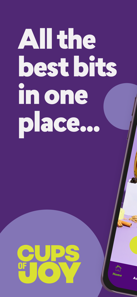 Chatime Australia - Chatime Australiaモバイルアプリのプロモーション画面。紫色の背景にCups of Joyのロゴ。