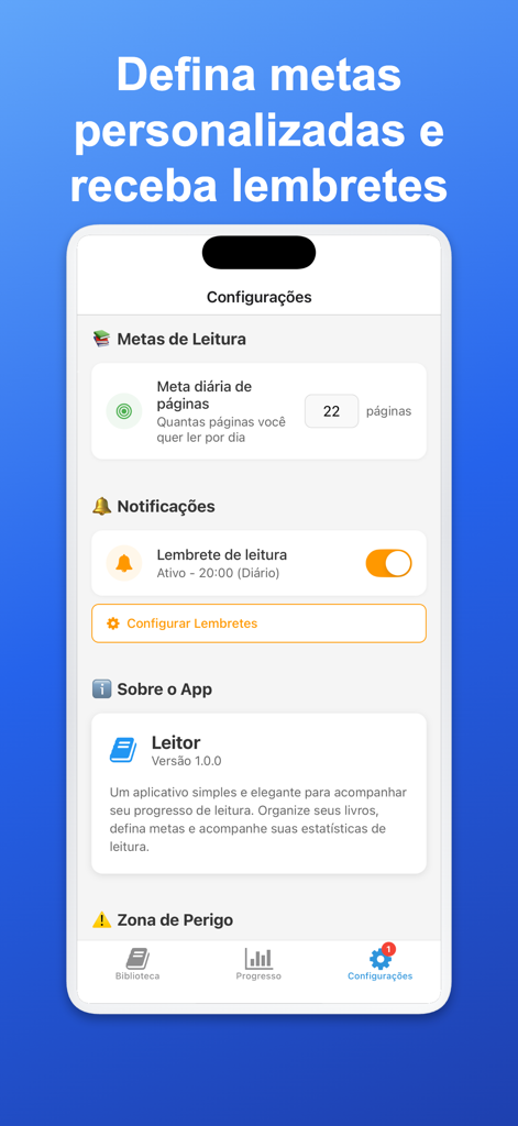 My Readings - La interfaz de configuración de la app Mis Lecturas mostrando opciones para metas de lectura diarias y recordatorios de notificación.
