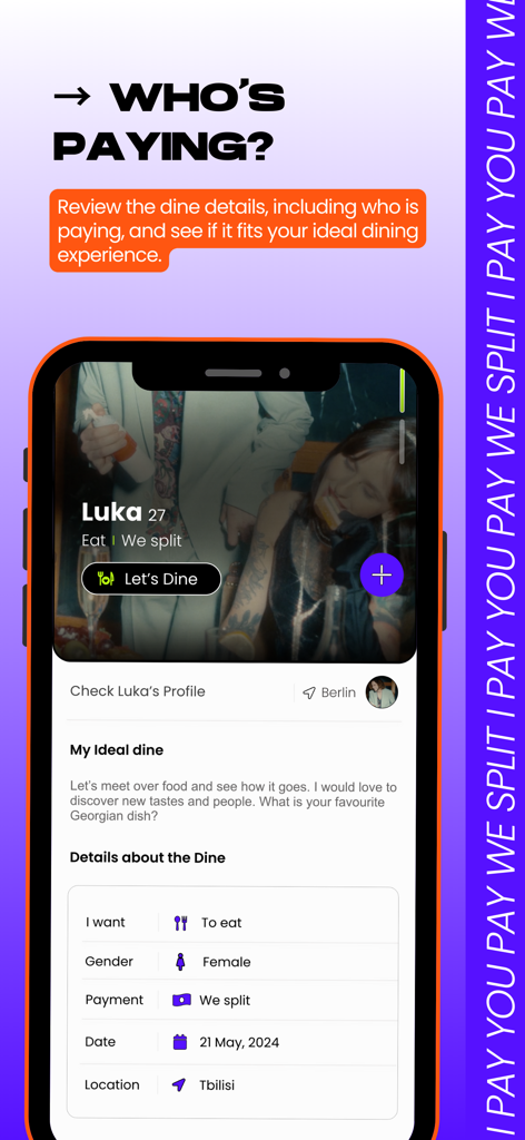 Tasteit: Connecting Foodmates - Screenshot of the Tasteit app showing a user profile with dining event details and payment preference