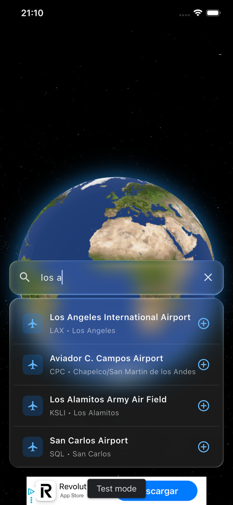 Schermata di ricerca aeroporto nell'app Flight Distance Viewer con un globo 3D