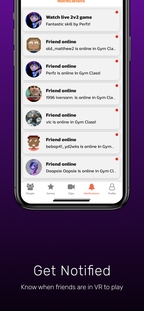Gym Class VR: Companion App - Mobile phone screen displaying social notifications for friends online in Gym Class VR