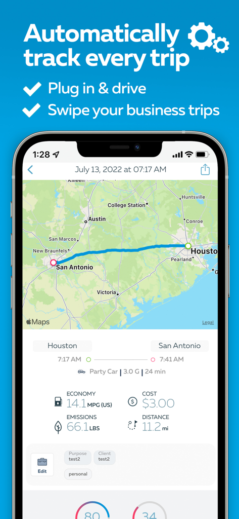 GOFAR All-in-1 Mileage Tracker - GOFAR app screen showing a tracked driving trip on a map with business mileage data