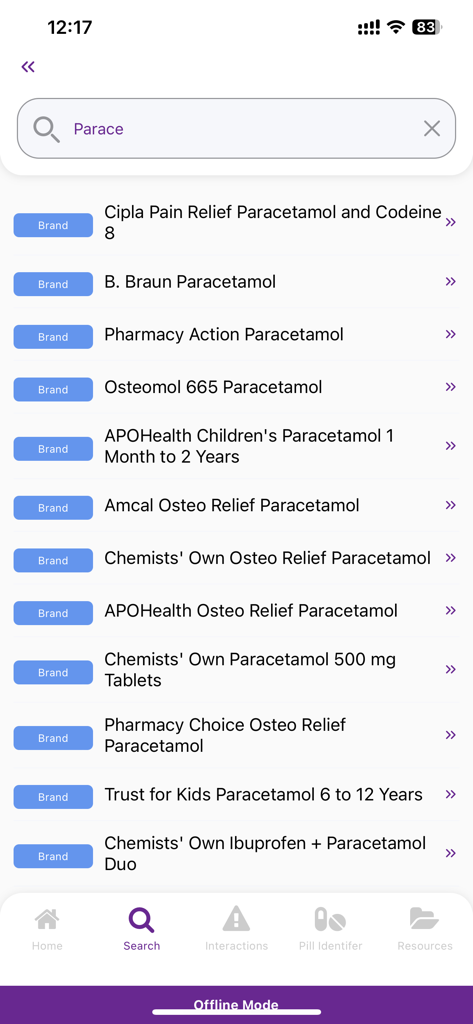 eMIMS Elite - A mobile interface of the eMIMS Elite app displaying a list of various paracetamol brands and medications in response to a search query.