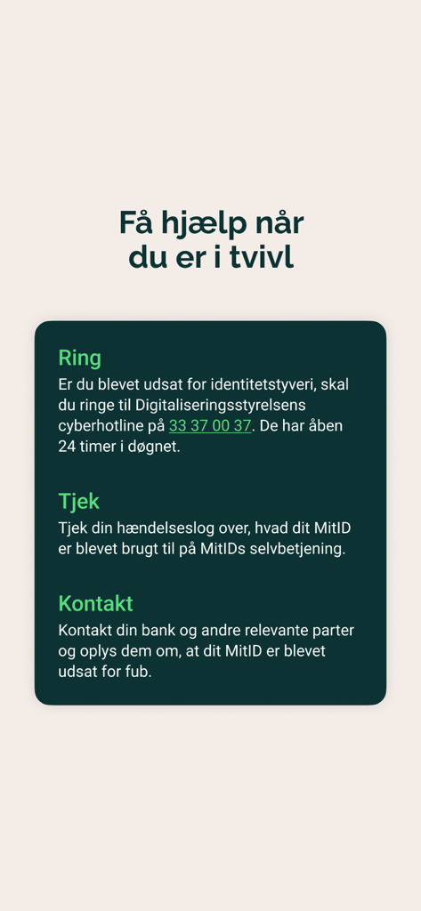 Mit digitale selvforsvar - Bildschirm der mobilen App mit Notfallmaßnahmen, die zu ergreifen sind, wenn Sie Identitätsdiebstahl oder digitalen Betrug vermuten