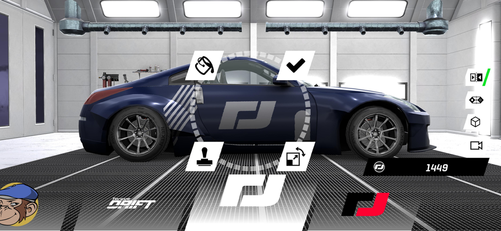 Torque Drift - Un coche deportivo azul siendo personalizado en el editor de vinilos de Torque Drift.