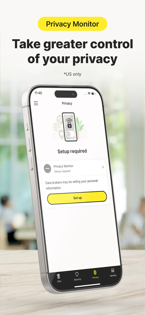 Norton VPN app interface showing the Privacy Monitor setup screen on a smartphone with a warning about data brokers
