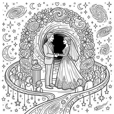Dive into a truly unique wedding scene where eternal vows are exchanged at the event horizon of a black hole. This captivating coloring page blends romantic elegance with surreal cosmic beauty, offering a one-of-a-kind creative experience.