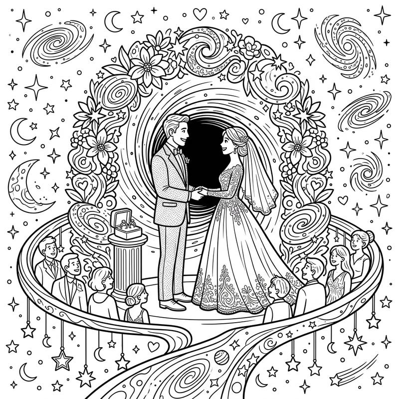 Dive into a truly unique wedding scene where eternal vows are exchanged at the event horizon of a black hole. This captivating coloring page blends romantic elegance with surreal cosmic beauty, offering a one-of-a-kind creative experience.