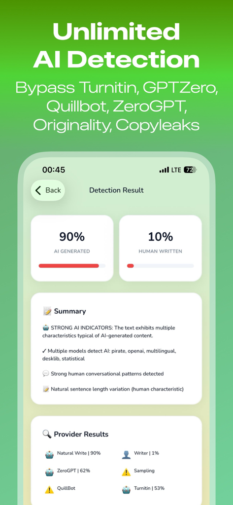 Natural Write - Humanize AI - Interface showing AI detection scores and summary analysis to bypass detectors like Turnitin and GPTZero