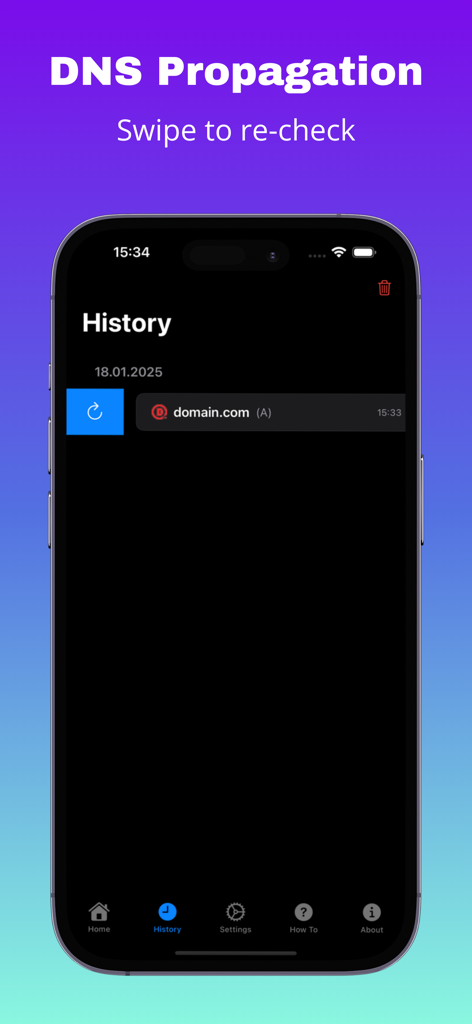 Écran d'historique de l'application DNS Propagation affichant les enregistrements de recherche de domaine avec la fonction glisser pour vérifier à nouveau