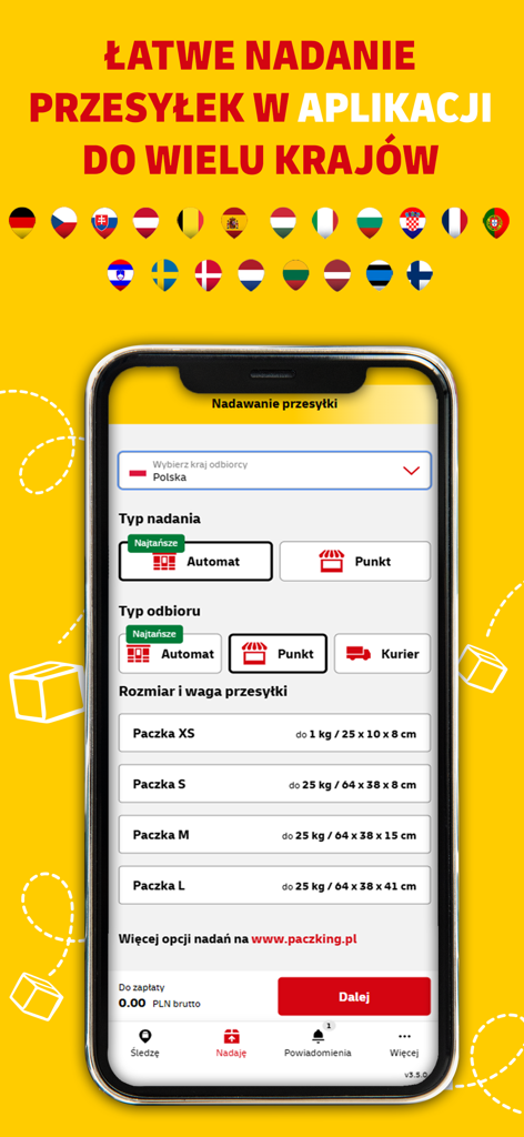 Mój DHL App-Bildschirm, der die Oberfläche für den Versand von Paketen mit Optionen für Zielland, Liefertyp und Paketgröße zeigt.