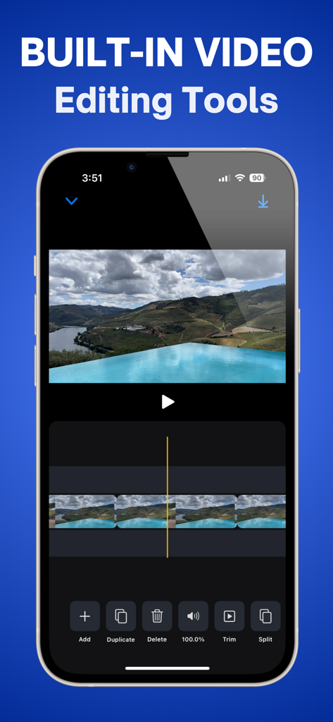 Interface of the built-in video editing tools in the VidRecover app on an iPhone