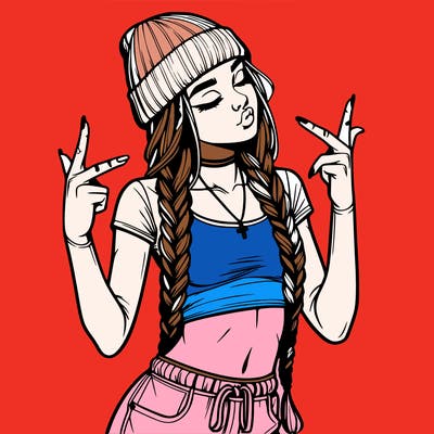 realistic teenage girl with braids and a beanie and crop top doing 🫶🏼