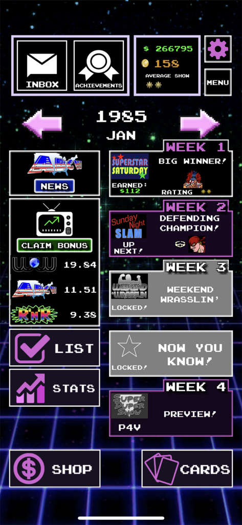 Main menu and event schedule dashboard for 80s Mania Wrestling Returns in a retro pixel art style