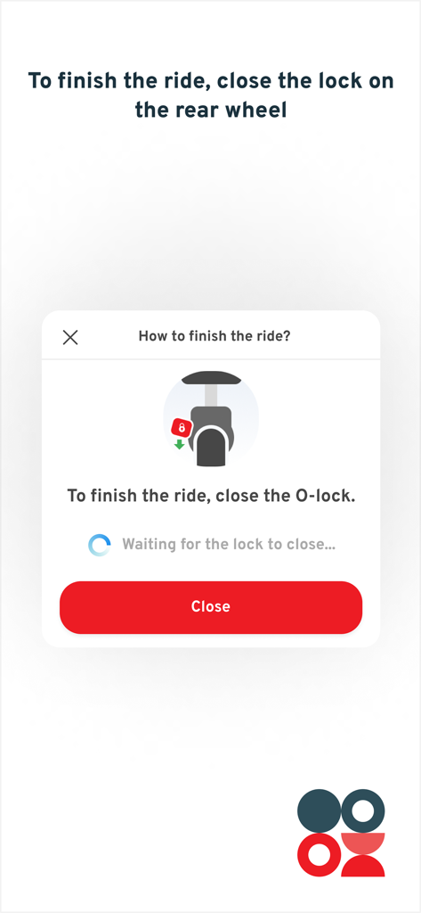 Veturilo - Veturilo app screen showing instructions to close the O-lock on the bike rear wheel to end a rental