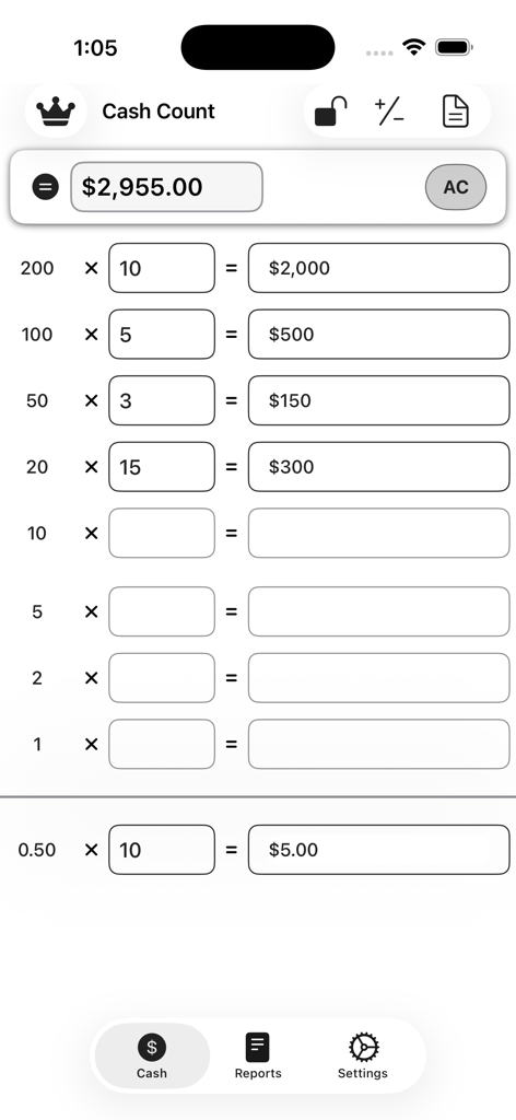 Cash Count –  Cash Calculator - 비즈니스 및 개인 금융을 위한 단위와 총 현금 계산을 보여주는 현금 계산기 앱 인터페이스