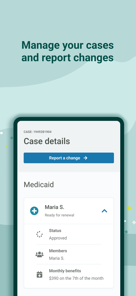 Mobile screen of Your Texas Benefits app showing Medicaid case details and reporting changes