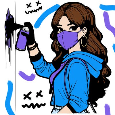 realistic girl with mask spray painting a wall